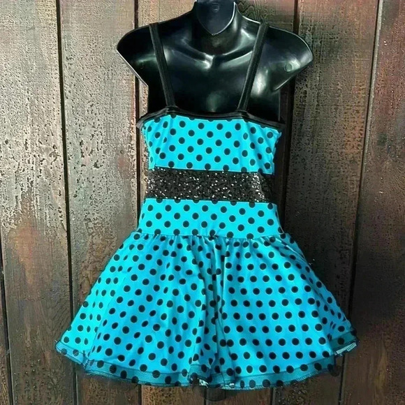 Polka Dot Turquoise & Black Dance Halloween Costume Dress with Tulle Tutu Skirt - Picture 7 of 8